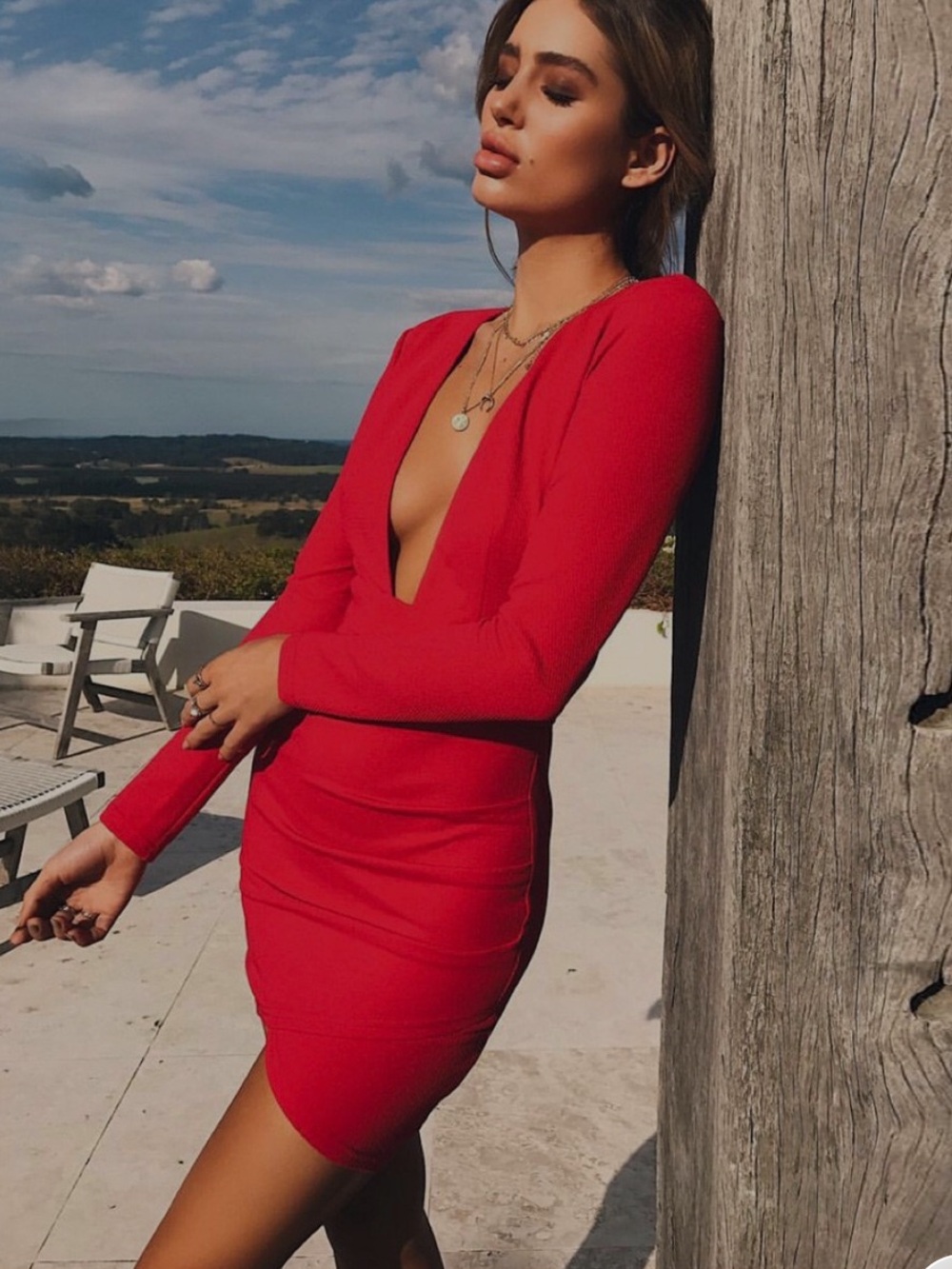 Tiger Mist Red Plunge Long Sleeve Mini Dress